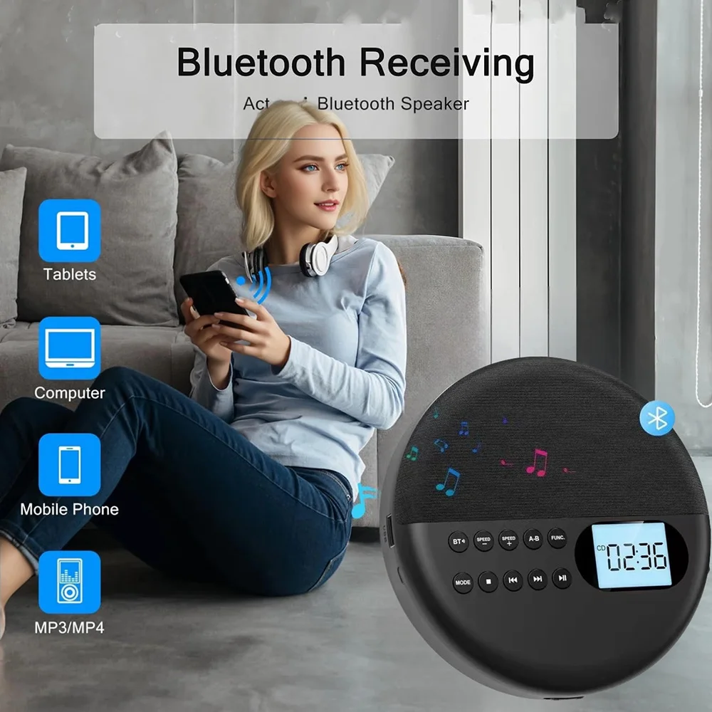 Multifunctional cd player, rechargeable two-way bluetooth, 5,0 built-in speakers, usb playback, hifi music on-the-go, shockproof