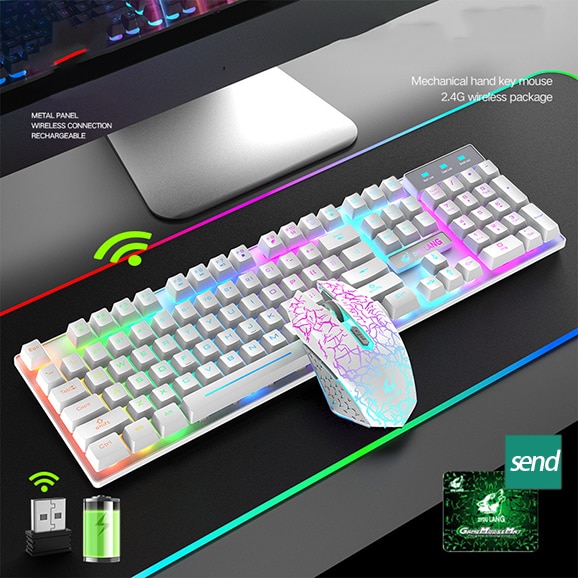 Teclado mecánico LED USB inalámbrico para juegos, Juegos de pc retroiluminado para razer, tableta, kit de teclados, PC mecánico: white