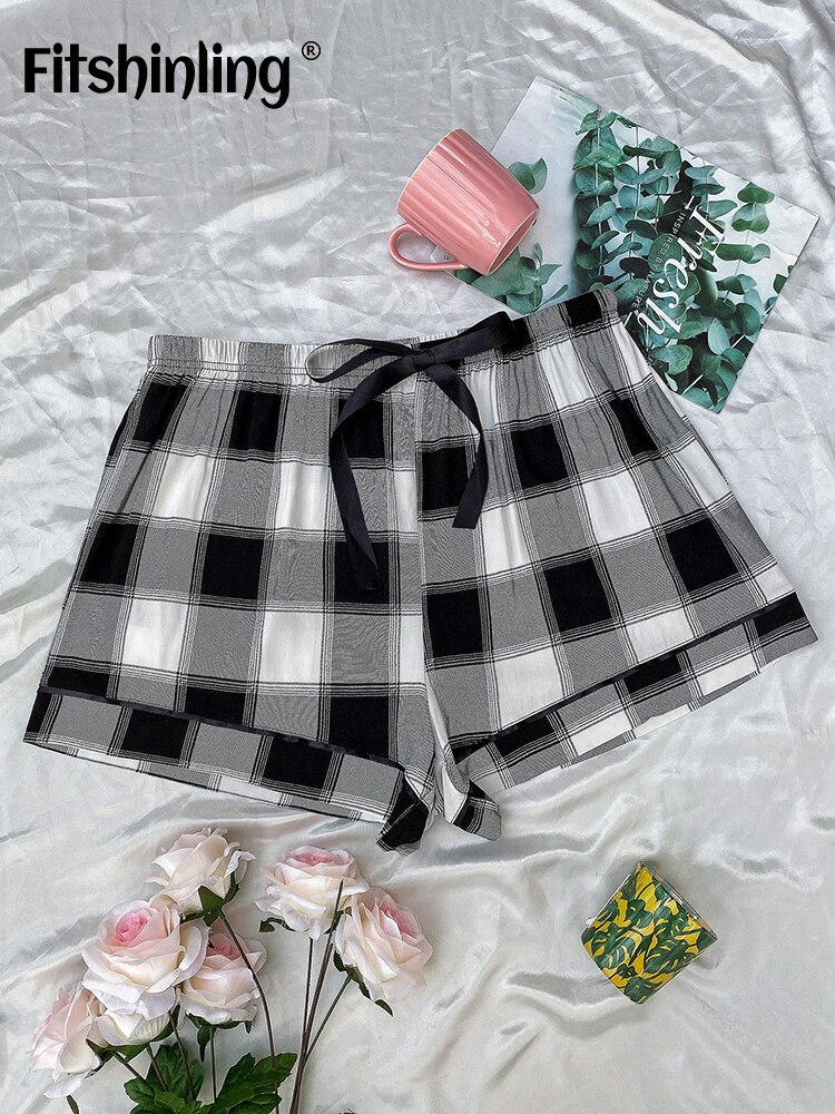 Fitshinling-pantalones cortos a cuadros para mujer, ropa de dormir suave e informal, con cordón, para el hogar, verano, 2022