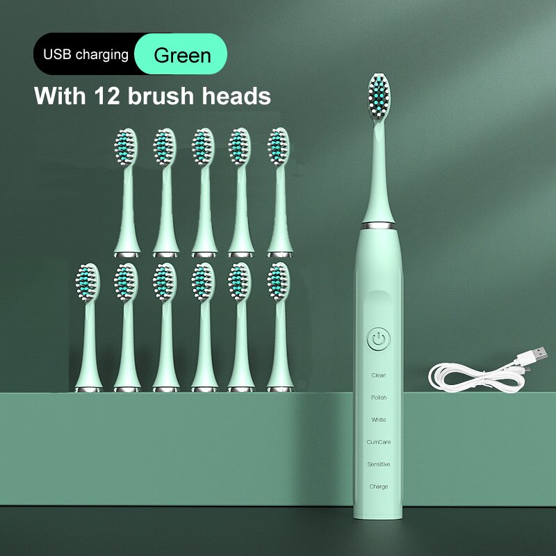 gollinio Sonic Electric Toothbrush Adult Timer Brush 5 Mode USB Charger Rechargeable Tooth Brushes Replacement Heads Set GL12A: GL12Green12H