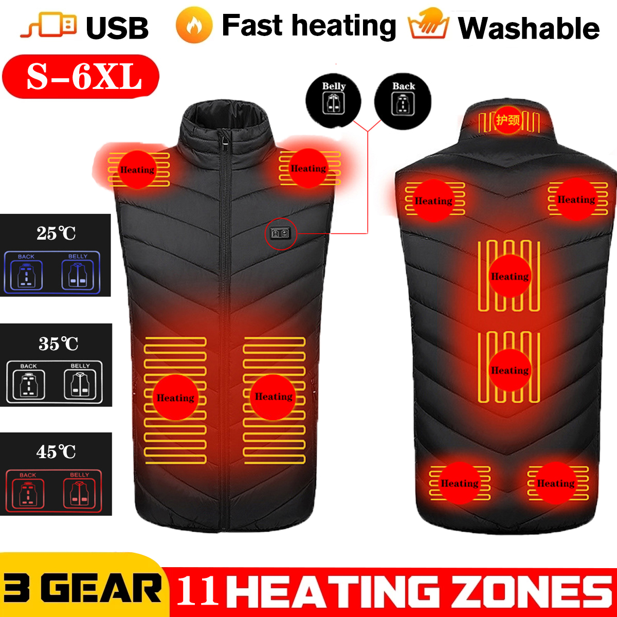 Chaleco calefactable de 17/13 lugares para hombre y mujer, chaqueta con calefacción por Usb, ropa térmica, chaleco de caza, chaqueta calefactora de invierno, BlackS-6XL