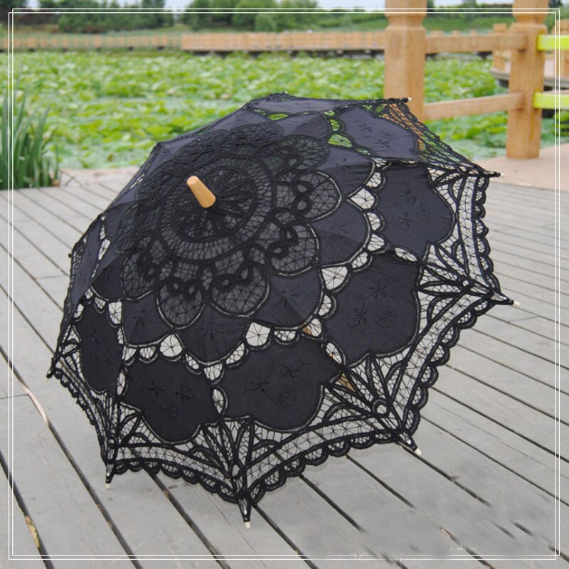 Kanten Parasol Paraplu Bruiloft Paraplu Elegante Kant Paraplu Katoen Borduren Ivoor Battenburg: Black