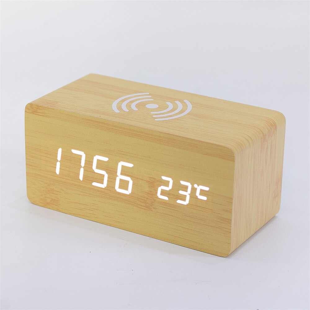 Holz Digital LED Wecker Mit QI Drahtlose Ladegerät Tisch Uhr Temperatur Luminova Kalender Schwarz Schreibtisch Uhren: Bambus Weiß