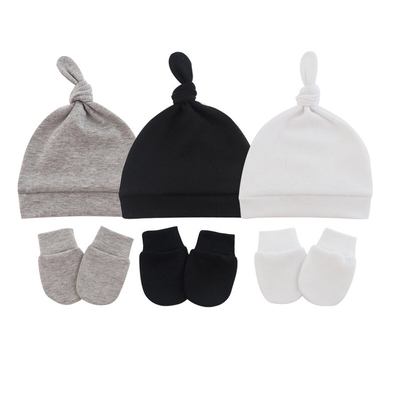 2 pezzi guanti cappello bambino Set morbido cotone neonato ragazzo berretto berretto guanti tinta unita primavera autunno nodo cappello neonato sonno