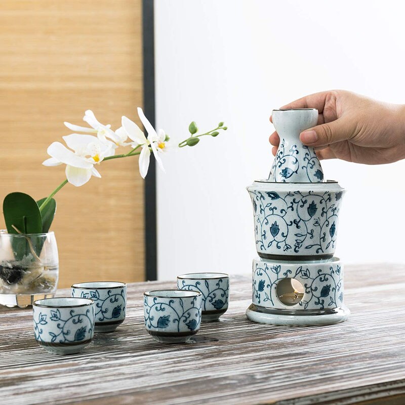 7 Stuk Blue Floral Witte Keramische Japanse Sake Set Met Warmer, 4 Cups, karaf &amp; Verwarming Pot