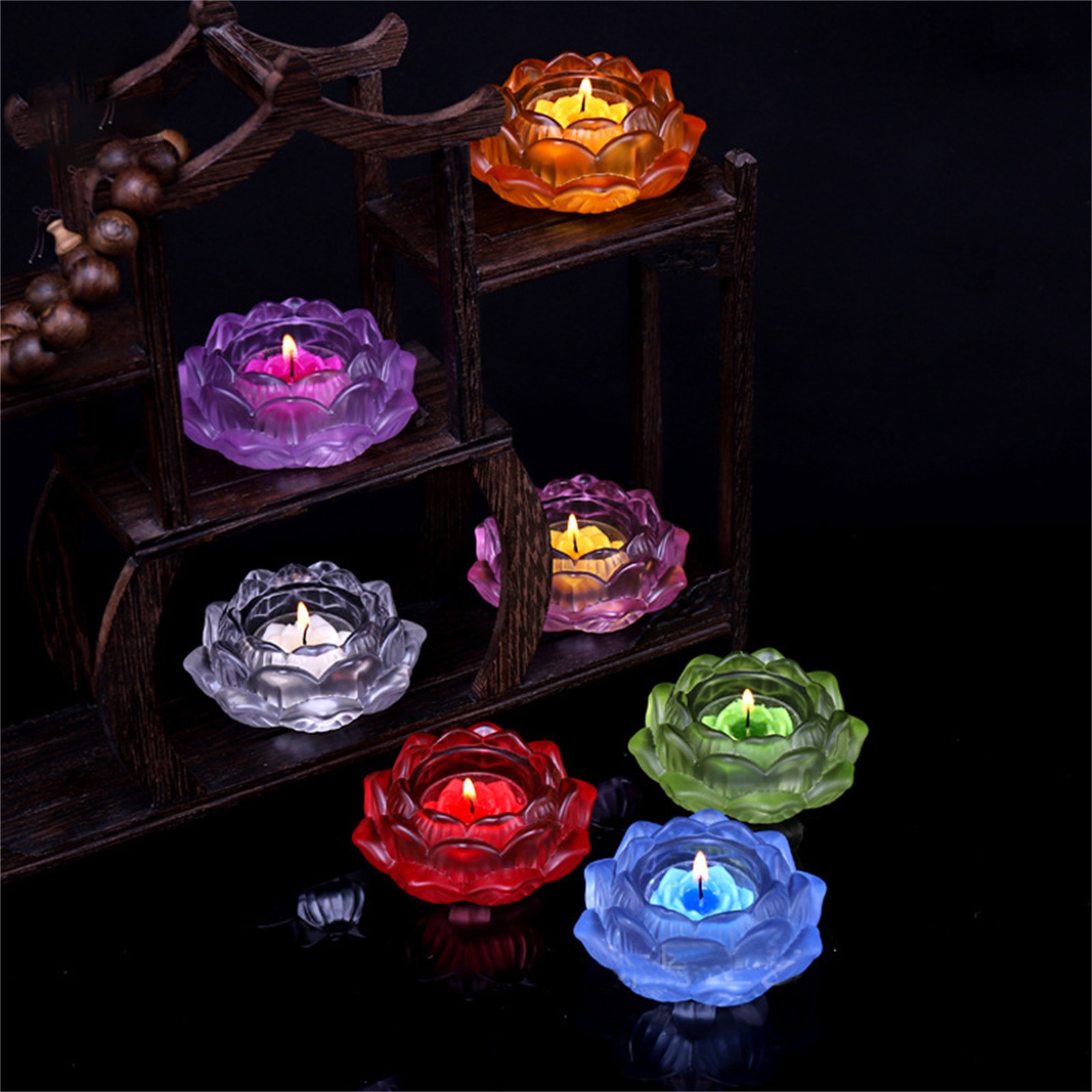 45#Crystal Glass Lotus Flower Candle Tea Light Holder Buddhist Candlestick Wedding Bar Party Valentine's Day Decor