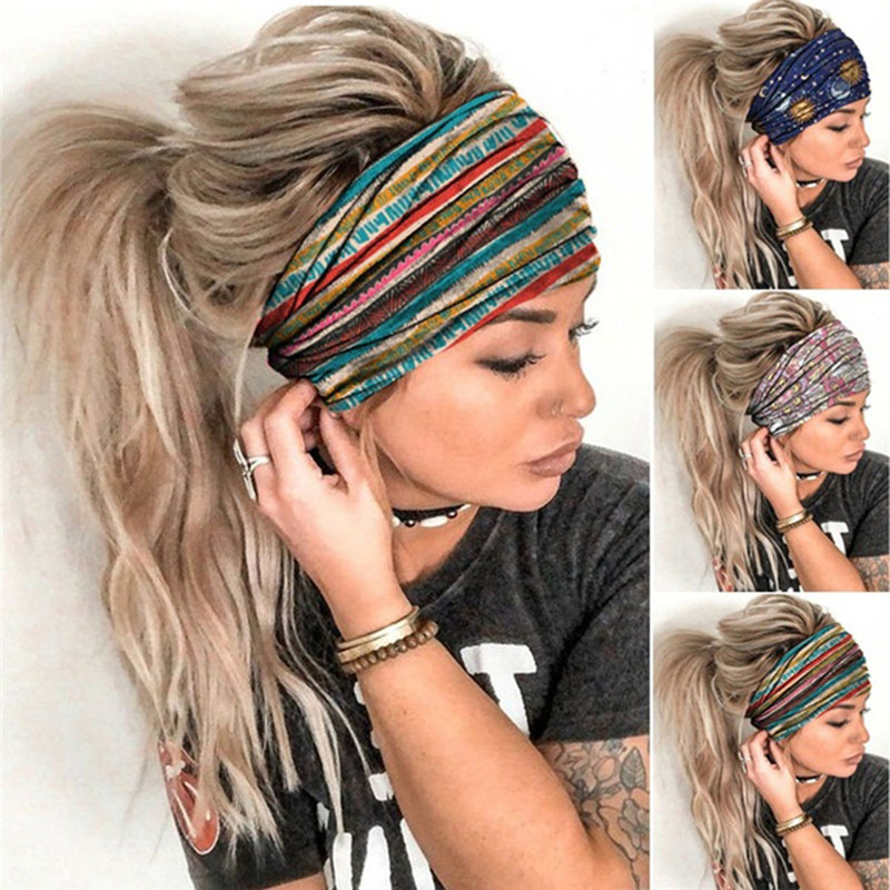 Boho fleur imprimé larges bandeaux Vintage noeud élastique Turban bandeau pour femmes filles coton doux Bandana cheveux accessoires