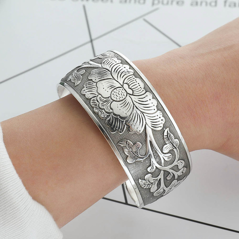 Vintage Punk Big Statement Open Flowers Bracelets & Bangles For Women Tibet Silver Color Cuff Jewelry Wristband Beautiful Peony