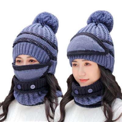 Bingyuanhaoxuan 3 in 1 varm tyk strikket beanie hat tørklæde og maske sæt slouchy sne strik cap uendelig tørklæde til kvinder: Blå