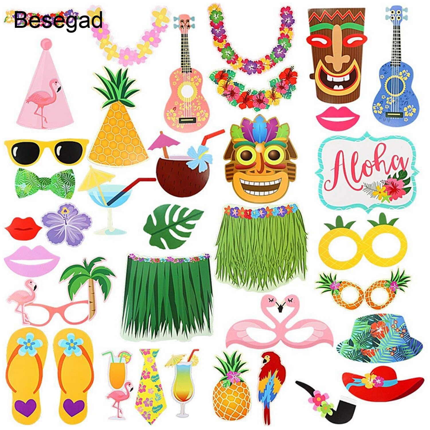 Besegad 36PCS Summer DIY Photo Booth Prop Kit for Hawaii Carnival Party Summer Beach Wedding Decor Photobooth Birthday Supplies