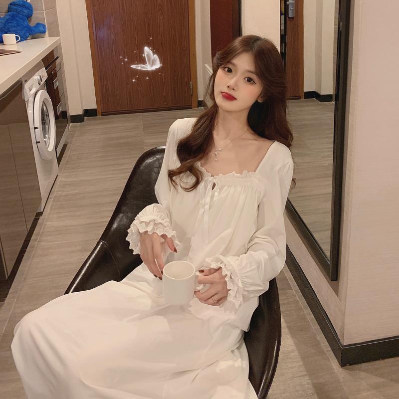 Nachthemden Vrouwen Sleepshirts Lady Losse Plus Size Wit Kant Lange Mouwen Comfortabel Prinses Koreaanse Thuis Kleding Nachtkleding