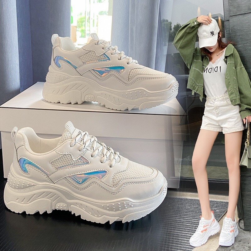 Fujin chunky sko walking til kvinder sneakers sko platform hvid snørebånd åndbare komfortable sko sveder ikke