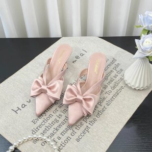 Zapatillas frescas de color rosa estilo hada para mujer, tacones altos huecos con lazo puntiagudo francés, zapatillas de mujer medio envueltas, verano 2024: Rosa / 38
