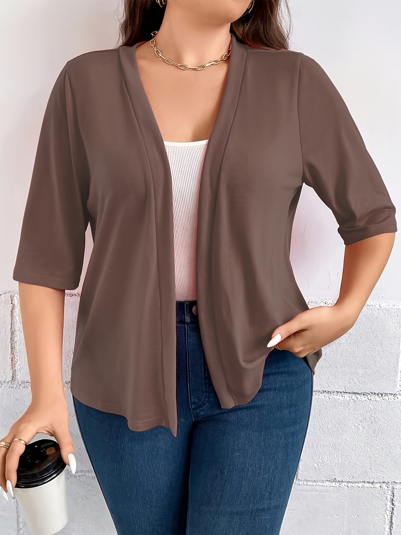 Blazer Drapé à Manches Trois-Quarts pour Documents, Veste Simple et Polyvalente, Couleur Unie, Grande Taille: 4XL / Marron