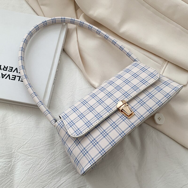 Bolso cruzado retro a cuadros para mujer, baguette con axilas, cadena de hombro, bolso de mano femenino y monedero: type 1 blue
