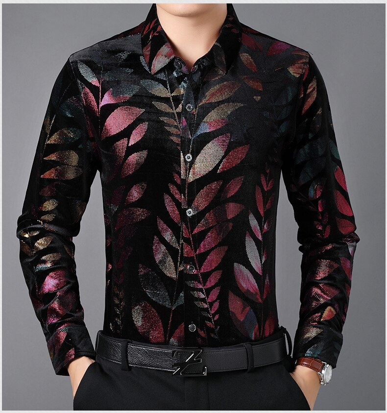 Herren Luxus Gold Samt Hemden Herbst Helle Farben Velours Kleidung Lange Hülse Männlichen Blumen- Samt Kleider Freies: S