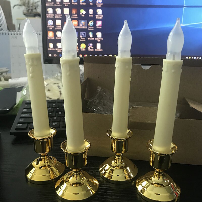 Set of 4 Flameless White Taper Window Candles with Removable Gold Candleholders for Church & Wedding Ceremony