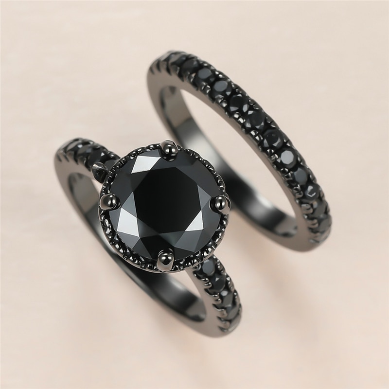 Anillo de piedra de cristal Punk para hombre y mujer, conjunto de anillos de boda de oro negro de lujo de 14KT para mujer, sortija de compromiso de circón redondo con abalorio