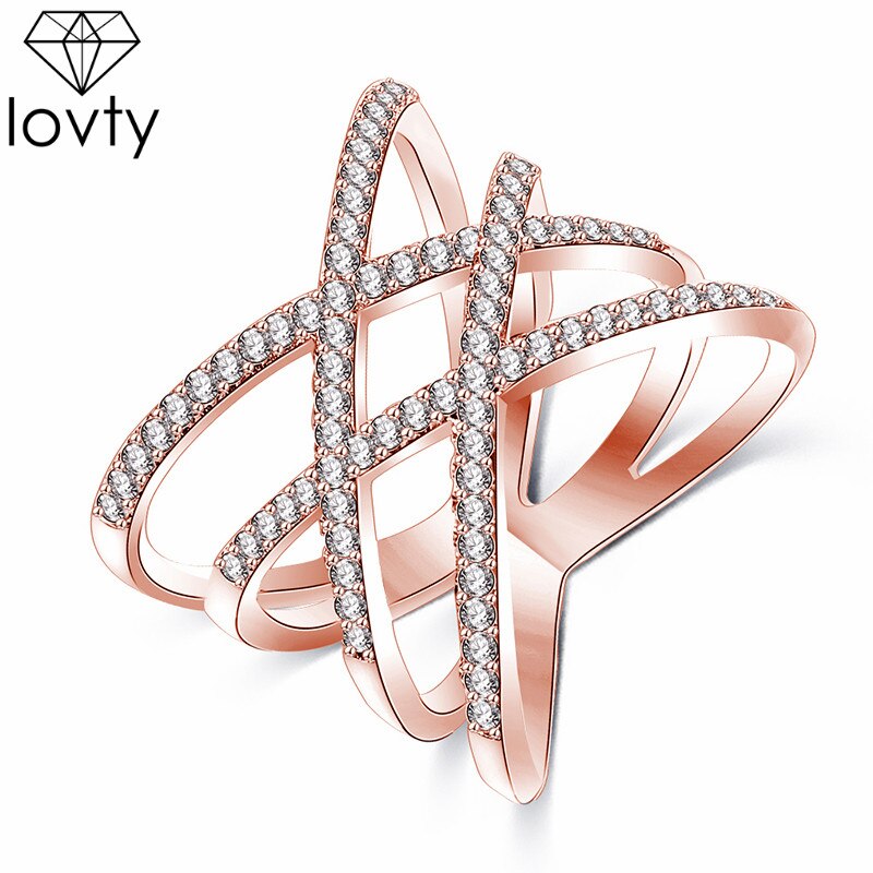 Lovty Mode Ringen Double Cross X Vorm Ring Rose Goud/Zilver Kleur Zirconia Ring Sieraden voor Vrouwen Valentijn dag: 9 / rose gold