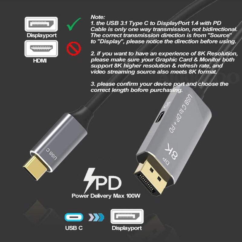Usb-c til displayport kabel 8k @ 60hz 4k @ 144hz type -c 3.1 to dp 1. 4 adapter pd hurtigoplader til macpro display hud , 3m