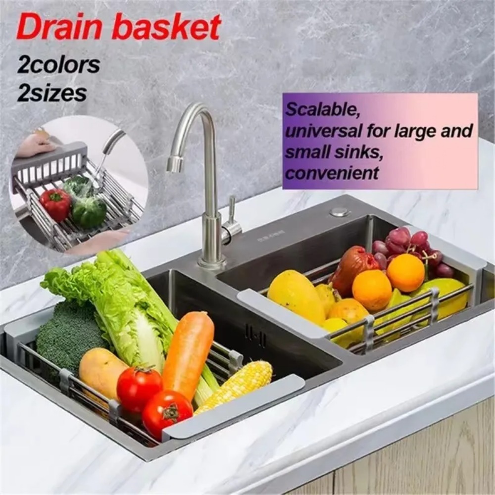 Escurridor de platos ajustable, escurridor telescópico de acero inoxidable, organizador de cocina para frutas y verduras, desagüe para fregadero perfecto para la mayoría de los fregaderos