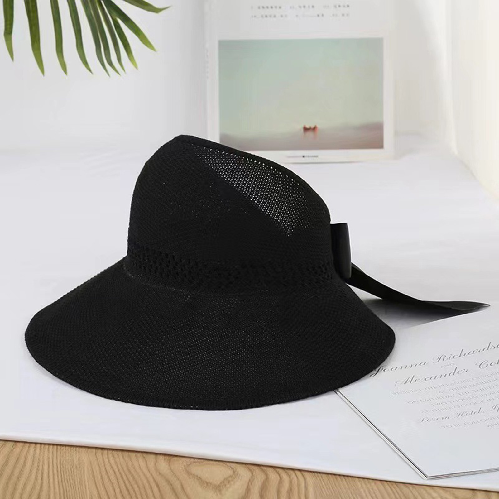 Foldable Women Wide Brim Straw Hat Breathable French Style Sun Hats with Bowknot for Outdoor Travel Photography: black