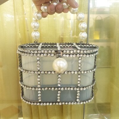 Diamante de luxo pérola bolsa designer embreagem noite saco pérolas talão topo alça bolsa tote balde gaiola forma festa saco: white