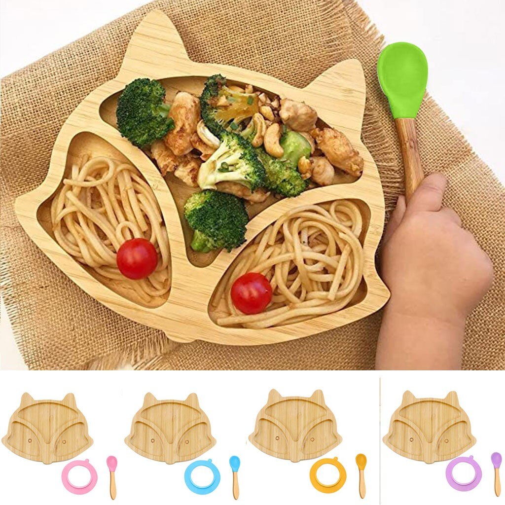 Assiette de mouton en bambou pour bébé, bol d'alimentation à aspiration en Silicone, ensemble de cuillère à succion, bol de renard , vaisselle, outils de cuisine