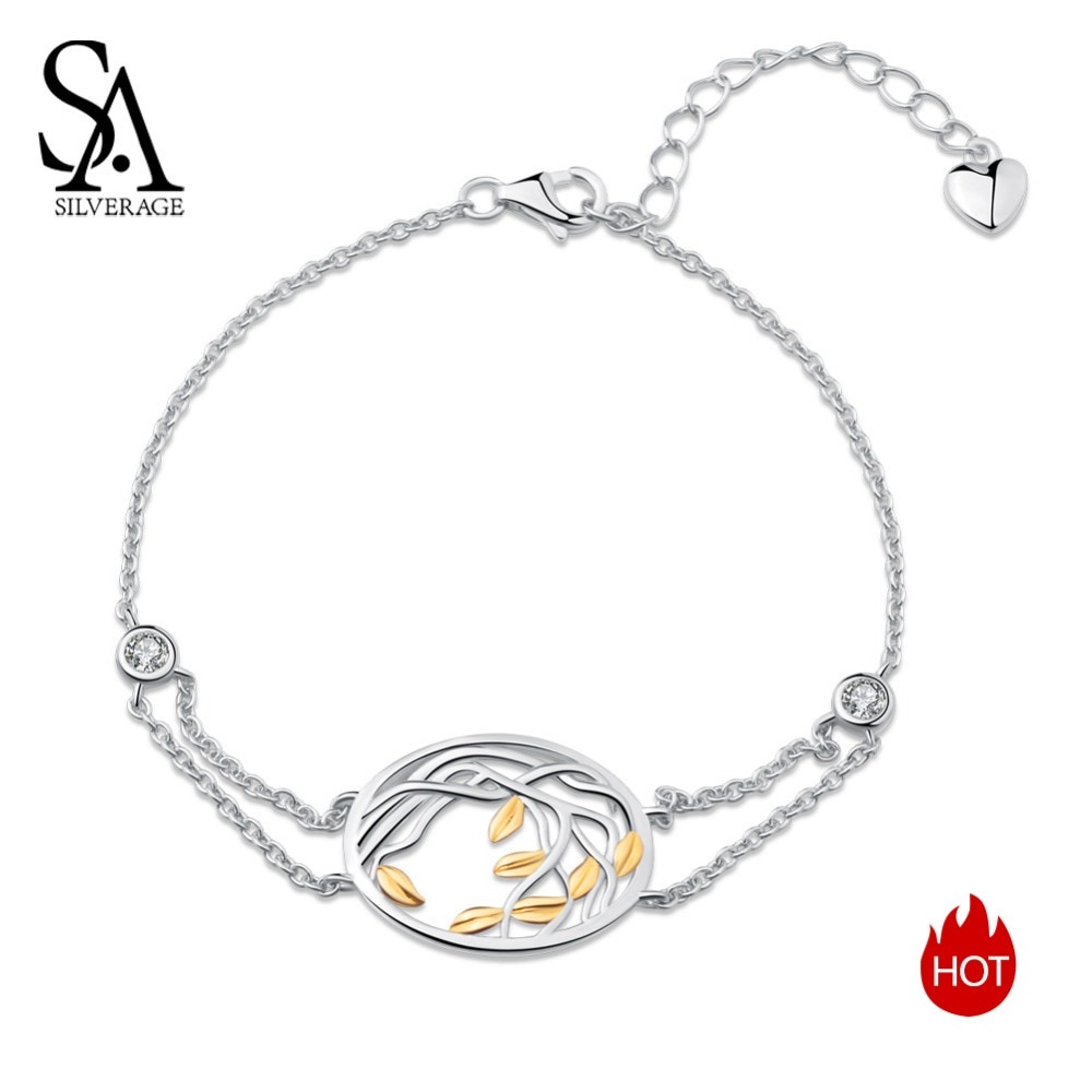 SA SILVERAGE 925 Sterling Silver Bracelets Bangles for Women Yellow Gold Color Life Tree 925 Silver Chain Link Bracelets Female