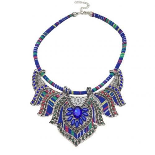 Vintage Women Rhinestone Pendant Bib Necklace Statement Tribal Jewelry: Blue