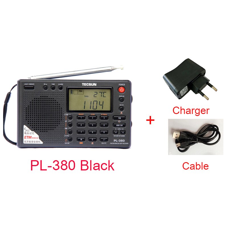 Tecsun pl -380 pl380 radio digital pll bærbar radio fm stereo / lw / sw / mw dsp modtager radio: Sort og oplader