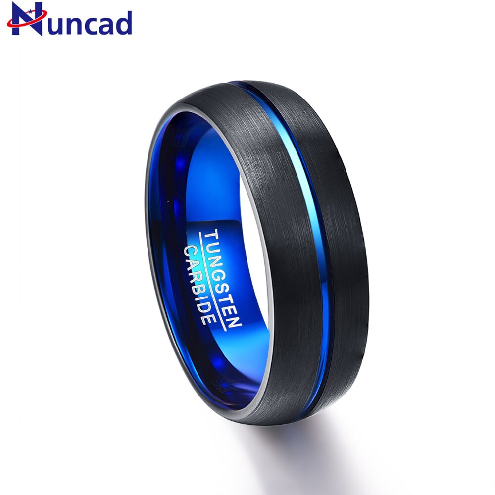 Nuncad Men's 8mm Blue Plated Tungsten Carbide Wedding Band Ring Matte Finish Grooved Size 7 to 12