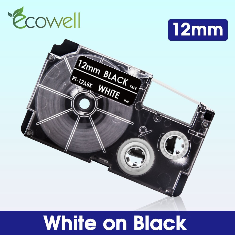 Ecowell 18Colors XR-12WE For Casio 12mm XR 12WE XR-12X XR-12RD XR-12BU XR-12YW XR-12GN label tape for Casio KL-60 KL-120 printer: White on Black