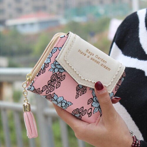Söt handväska läder kort tofs dragkedja plånbok myntkorthållare mjukt läder telefonkort kvinnlig koppling: Rosa
