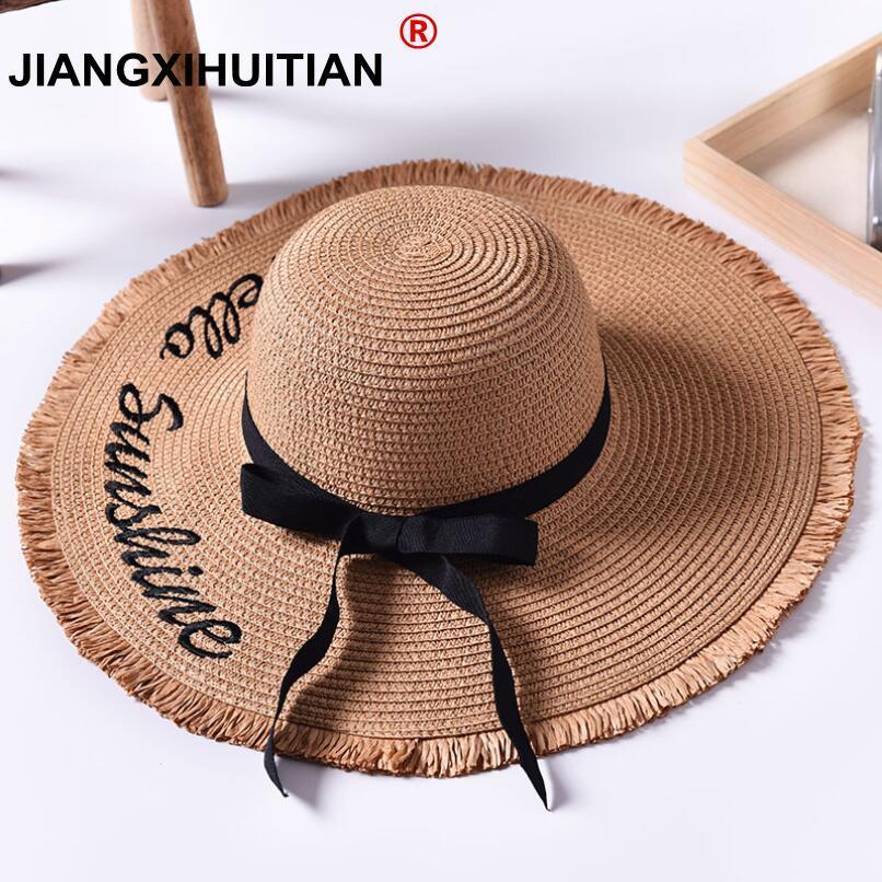 Håndlavet vævning brev sol hatte til kvinder sort bånd snøre op store randen stråhat udendørs strand hat sommer hætter chapeu feminino