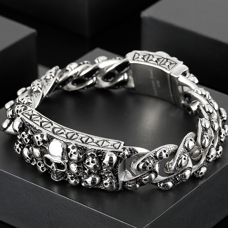 Punk Felsen Totenkopf Armbinde Herren - Titan Stahl Skelett Armreif - Radfahrer Kette Schmuck