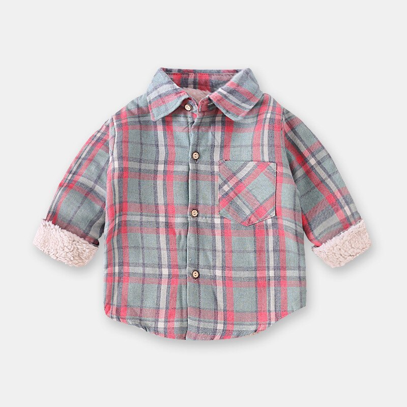 Shirt Herfst Winter Kinderen Plaid Top Plus Kasjmier Jongen Meisje Westerse Stijl Lam Fluwelen Shirt Lange Mouwen Winter kleding: Green pink grid / 110CM