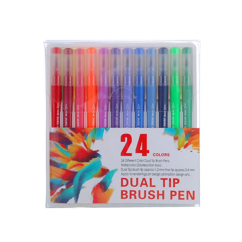 12/24/36/48/72/100 stk farver fineliner dobbelt spids pensel pen tegning maleri akvarel manga kunst kopi markør pen skoleudstyr: 24 farver
