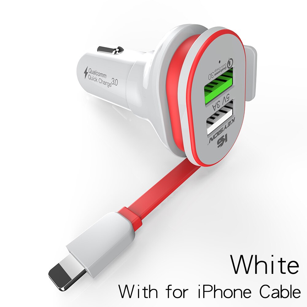 KEYSION-cargador rápido 3,0 para coche, adaptador de viaje para teléfono móvil con Cable, QC 3,0 + 5V/3A, 33W, 2 puertos: White for iPhone