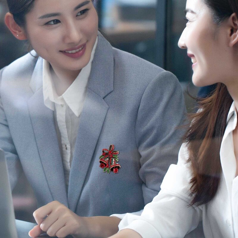 Rhinestone Crystal Strik Dubbele Klokken Broches Voor Kerst Ornamenten Pak Hijab Pins Creatieve