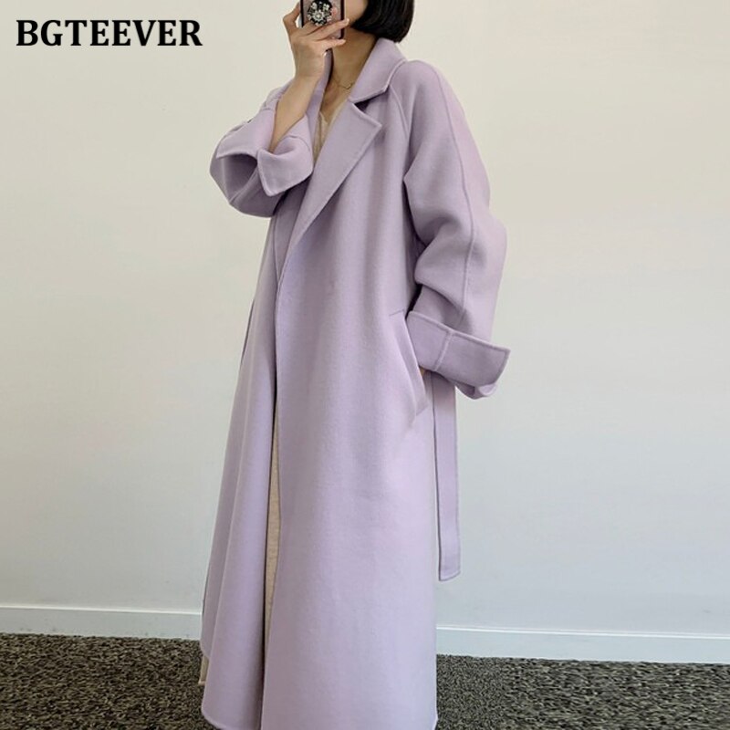 BGTEEVER-abrigos de mezcla larga para mujer, abrigos gruesos de invierno, abrigos cálidos con cordones y cuello con muescas,