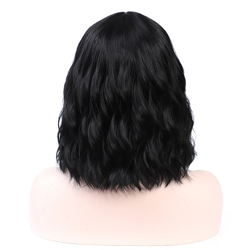Perucas de cabelo curto ondulado sintético da onda de água com franja fibra resistente ao calor cosplay peruca de cabelo diário preto vermelho azul claro