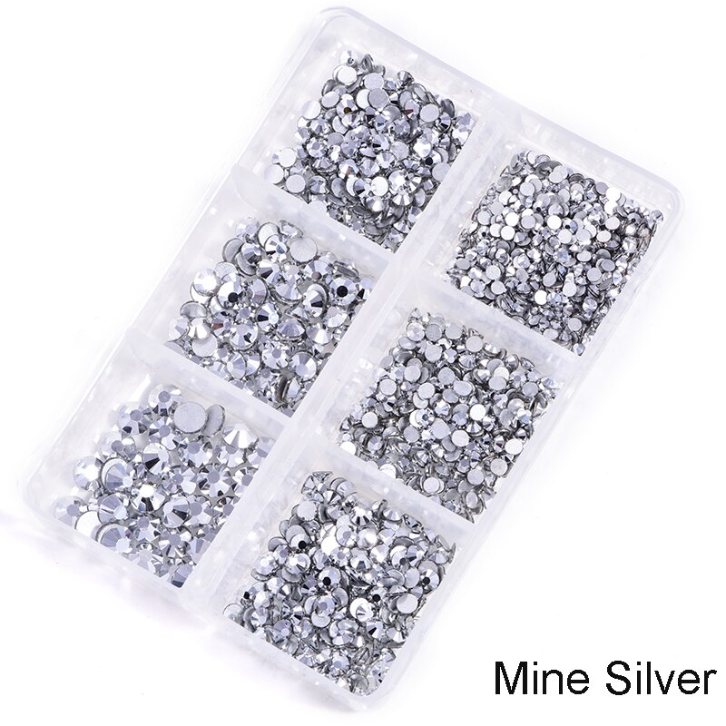 Blandestørrelser glas krystal non fix rhinestone sæt flatback krystal negle rhinestones diamant diy dekorationer 1200 stk: Mine-sølv
