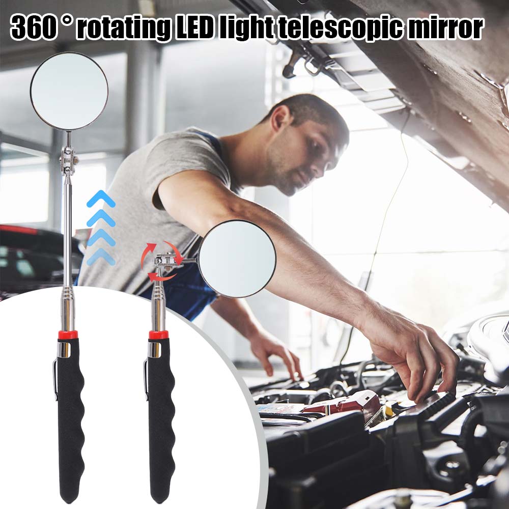 360° Inspection Mirror LED Light Telescoping Mirrors Extend Mechanic Tools Inspection Mirror Telescopic Handle Repairing Tools