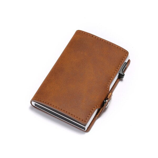 BISI GORO Single Box Card Holder PU Leather Card Wallet Men RFID Blocking Aluminum Smart Multifunction Slim Wallet Card Case: Brown ZF002