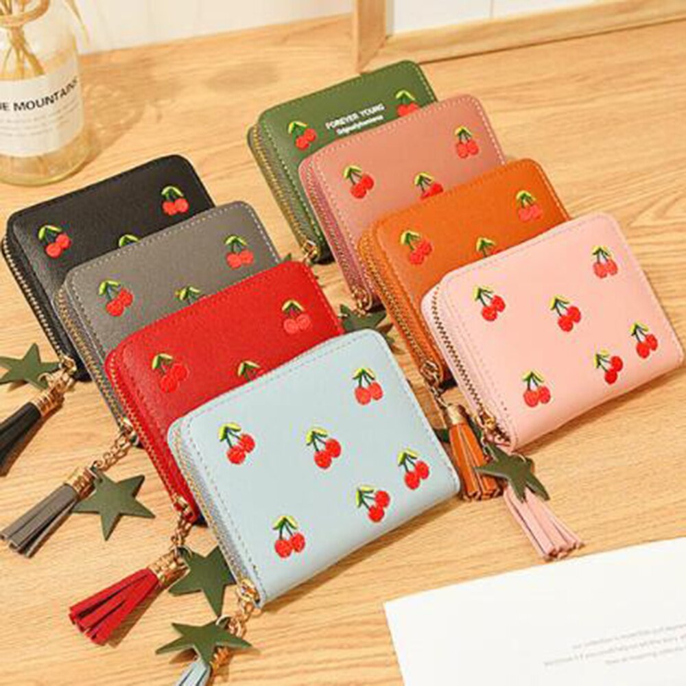 PU Cherry Embroidered Short Women Wallet Zipper Coin Purse Tassel Women Clutch Purses Cards Holder Coin Pocket