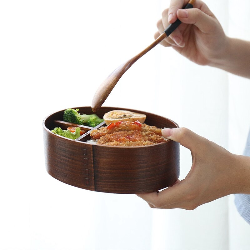 Unibird trä japansk oval matlåda med påse & sked ätpinnar sushi matbehållare barnfack bento box matsats