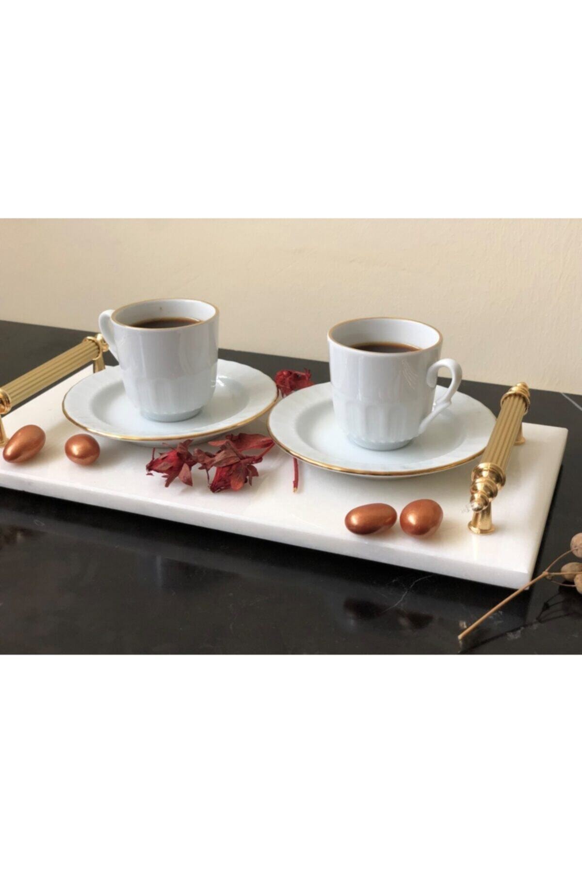 Natural Marble Serving Tray Yellow Handle Calacatta Marble Modern Made in Turkey