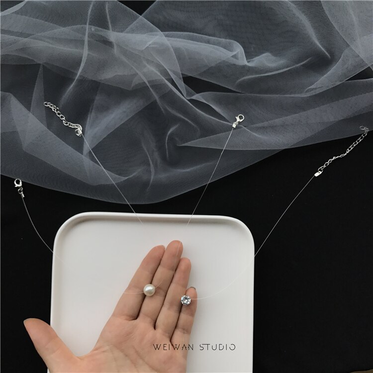 Square Imitation Pearl Crystal Zircon Power Necklaces Invisible Transparent Fishing Line Necklace Women