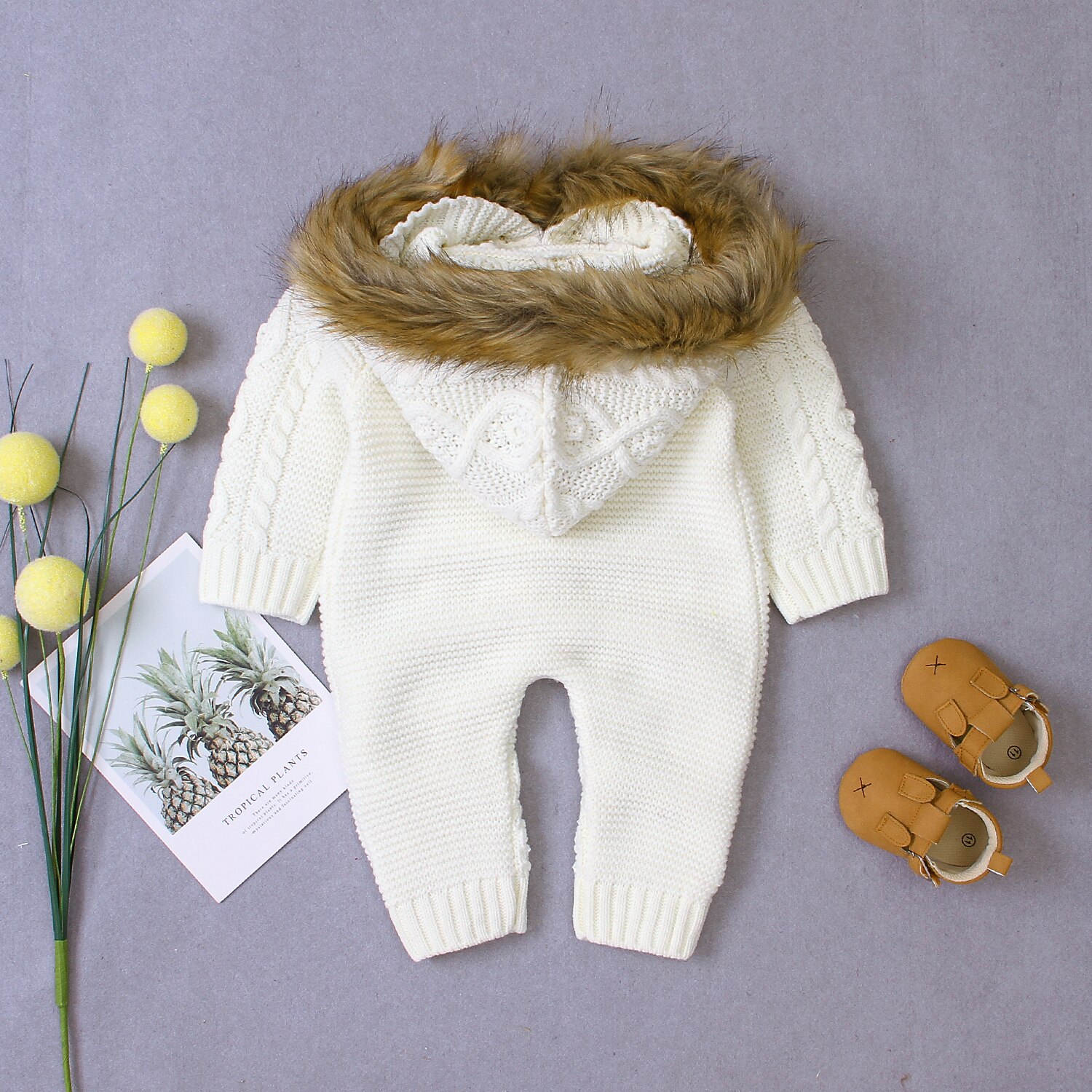 Mise au point 0-18M hiver bébé garçons barboteuses solide à manches longues simple boutonnage fourrure à capuche tricot combinaisons